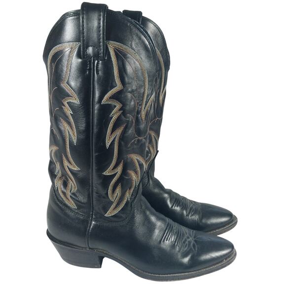 JUSTIN! BLACK GENUINE LEATHER, WHITE & GOLD FANCY STITCHED COWBOY BOOTS! SZ 9D main image 7